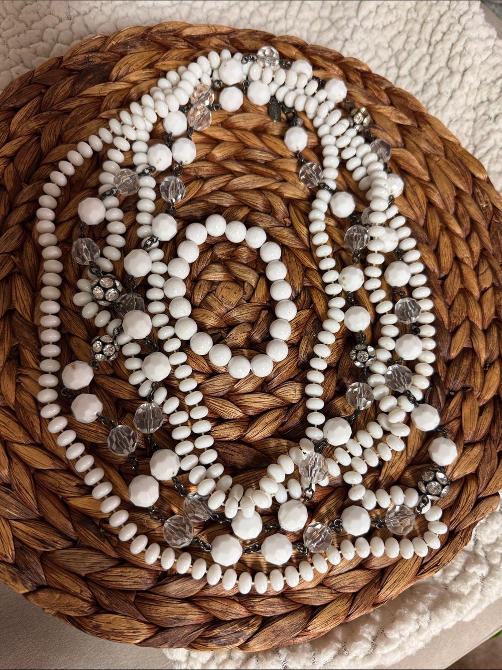 Multi-Strand White Beaded Necklace Set with Clear Accents